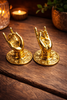 Solid brass mudra hand hooks set (2pcs left + right), Mini #7, gold finish on wood tabletop
