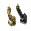 6 inch brass penis cabinet pull shown in gold and antique finishes side by side, cheeky novelty hardware