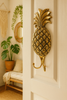 Decorative gold pineapple hook on a white door with a plant and mirror in the background.