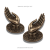 Abhaya mudra brass wall hooks set of 2 in antique finish, statement hardware for boho bathroom towel hooks and entryway coat hooks.