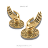 Abhaya mudra brass hand hooks set of 2 in gold finish, buddha hand sculpture hardware for coat hooks, towel hooks or cabinet pulls.