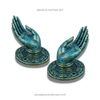 Abhaya mudra brass hand hook set of 2 in green patina finish, decorative wall hooks for bathroom robes, towels and entryway keys