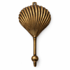 Front view of antique brass clam shell wall hook for beach house and coastal decor.