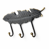 Antique brass feather wall hook rack angled view, 3 hooks for coats, towels, keys, and jewelry storage