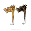 Gold and bronze dragon-shaped hooks on a white background