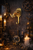 Brass wild boar skull wall hook styled in a witchy astrology space for curiosity cabinet and oddities decor