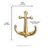 Size chart for brass anchor wall hook showing width 4 inches 10 cm, length 5.5 inches 14 cm, and depth front to wall 1.5 inches 4 cm.