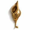 Brass Batik carved shell hook on a white background, shaped like an open conch shell decorated with traditional Balinese scroll carving and finished with a ball-tipped hook. Handmade cast brass shell wall hook for towels and coats, from Ubud, Bali.