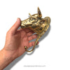 Gold finish brass bull head wall hook in hand, recycled brass wall hook handmade in Bali for entryway storage