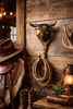 Brass bull head wall hook styled in western ranch rustic decor, wall mounted hook for hats rope coats and gear