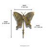 Brass butterfly wall hook dimensions diagram showing width 5 inch (12.7 cm), height 6 inch (15.24 cm) and depth 1.5 inch (3.81 cm). Set of 4 handcrafted whimsical decorative coat hooks for nursery room decor, kids room wall decor and baby shower gift. Unique gender reveal gift, new home gift and housewarming gift for whimsical butterfly nursery and girls room decoration