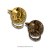 Brass cat head door knocker in antique and gold finishes, ornate vintage style hardware