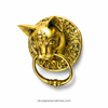 Brass cat head drawer pull with ring, front view in gold finish (one of four in the set)