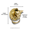 Dimensions of brass cat head ring pull: 4.75 in / 12.5 cm height, 3 in / 8 cm width, 2 in / 5 cm projection