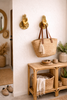 Brass coat hook set of 2 mudra hand wall hooks for entryway drop zone, ideal for hats, bags, keys and everyday organization.