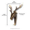 Dimensions of the brass deer head hook in the woodland hook set: 8.25 in (20.96 cm) high, 6.25 in (15.88 cm) wide across the antlers and 3 in (7.62 cm) deep from the wall. Handmade brass deer wall hook from Ubud, Bali.