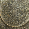 detail of Fatima hand eye engraving on brass rolling tray, Hamsa tray symbol representing protection and spiritual energy