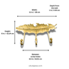 Dimensions for brass feather wall hook rack with 3 hooks, 11 in wide with mounting screw hole spacing details