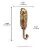 Dimensions of the single brass feather wall hook: 6 in (15.24 cm) long, 2 in (5.08 cm) wide, 1 in (2.54 cm) deep, with two screw holes for mounting. Handmade cast brass feather coat and towel hook, hand-finished by artisans in Ubud, Bali.