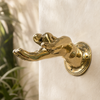 Solid brass fingering hand wall hook mounted on a wall with palm leaves, cheeky statement decor and novelty coat hanger.