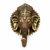 Antique brass Ganesha wall hook on white background showing full ornate Ganesha face, intricate spiked crown, detailed elephant ears and trunk hook in rich dark antique brass patina finish. Handcrafted Buddhist elephant wall hook for boho home decor, yoga room decor and housewarming gift. Created respectfully by professional Hindu artisans in Bali. Available in gold finish too