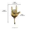Size chart for brass hand gesture wall hook showing 4 inch (10.16 cm) width, 6 inch (15.24 cm) height, and 1.5 inch (3.81 cm) depth.