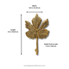 Size chart for brass maple leaf hook showing width 4.5 inches 11.43 cm, length 8 inches 20.32 cm, and depth front to wall 1.5 inches 3.81 cm