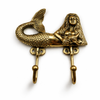 Brass mermaid double wall hook for coastal bathroom towel hanging and nautical decor