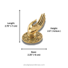 Brass Buddha mudra hand hook size 5 measurements—length 2.75 in, base 2.25 in, height 2.5 in for wall hooks or drawer pulls.