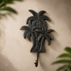 Brass palm tree wall hook dimensions diagram – 8 inches tall 20.32 cm – 4 inches wide 10.16 cm – 1 inch depth 2.54 cm – available in polished gold and matte black – palm tree coat hook towel hook key hook – tropical boho beach house coastal home decor – made in Bali UbudGlassandBrass
