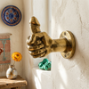 Brass penis hand wall hook mounted on white boho wall with moroccan blue tile ceramic vase and marigold flower – funny quirky adult after dark decor – man cave bachelorette housewarming gift – polished gold brass hand-cast – dungeon kinky home decor – handcrafted in Bali