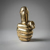 Brass penis hand wall hook side profile view on grey background showing hand sculpture depth and hook projection from wall – funny adult after dark dungeon quirky decor – man cave kinky bachelorette bachelor housewarming gift – polished gold brass handcrafted Bali
