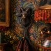 Gold brass ram wall hook styled in a maximalist gothic interior with ornate picture frames and jewel-toned tapestry — sculptural wall hook handmade in Bali
