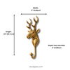 Dimensions of the brass reindeer wall hook: 10 in (25.4 cm) high, 2 in (5.08 cm) wide and 2 in (5.08 cm) deep from the wall. Handmade brass deer wall hook and stocking holder from Ubud, Bali.