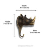 Dimensions of brass rhino wall hook in inches and centimeters for wall mounting and decor use