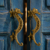 Brass seahorse door pull set installed on blue double doors, coastal entry hardware