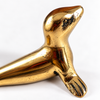 Close-up of the brass seal bottle opener showing the hand-cast detail of the seal's head, whiskered snout and front flipper in polished gold brass. A charming seal lover gift and animal bottle opener, handmade in Bali.