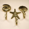 Set of three brass wall hooks: shell, sea star, and scallop shell designs