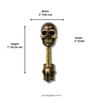 Dimension diagram for solid brass skull wall hook showing width 3 inches 7.62 cm height 7 inches 17.78 cm depth 2 inches 5.08 cm — gothic skull coat hook UbudGlassandBrass