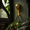 Small solid brass skull wall hook in polished gold finish mounted on a dark gothic wall with trailing ivy plant hanging beside an ornate mirror — gothic skull hook jewelry hanger handmade in Bali