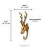 Dimensions of the slim brass stag wall hook in the set of 3: 10 in (25.4 cm) high, 2.5 in (6.35 cm) wide and 2 in (5.08 cm) deep from the wall. Handmade brass deer hook from Ubud, Bali.