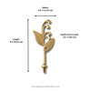 Size chart for brass patina sprout leaf hook showing width 2 inches 5.08 cm, length 5.5 inches 13.97 cm, and depth front to wall 1.5 inches 3.81 cm