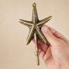 Brass textured starfish wall hook held in a hand against a beige wall, showing its size and the detailed texture along each sea star arm. Handmade cast brass coastal hook from Ubud, Bali, part of the brass starfish and seahorse wall hook set of 3.