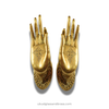 Gold finish Buddha mudra hand door pulls shown as a matching pair, wall hook and decorative handle styling