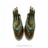 Patina finish Buddha mudra hands shown as a matching pair, aged brass look door pull and wall hook decor