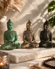 Buddha statue set styled in home meditation decor zen spiritual shelf styling