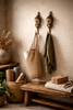 Buddha wall hooks styled in boho entryway decor, coat and bag hanger, zen home styling