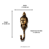 Dimensions of brass Buddha wall hook showing height width and depth for coat hook and towel hanger use