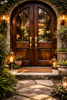 Luxury double entry doors with solid brass cobra door handles installed, statement architectural snake door pull hardware