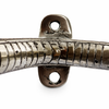 Close up of cobra door handle mounting bracket and screw holes on solid brass snake door pull hardware